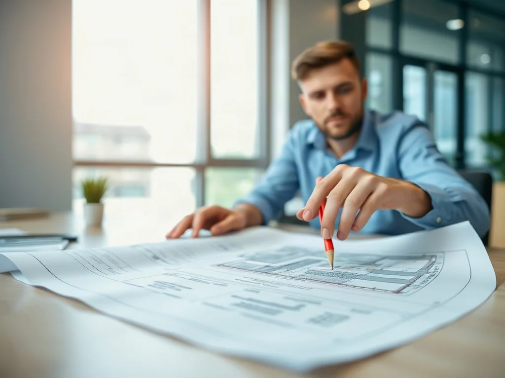 Architekt wskazuje ołówkiem na plan zabudowy i szkic sytuacyjny leżące na biurku, porównując oba projekty.